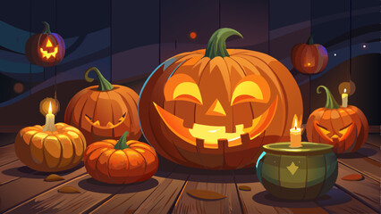 Obraz premium Festive Halloween pumpkins with spooky faces and candles in a cozy setting