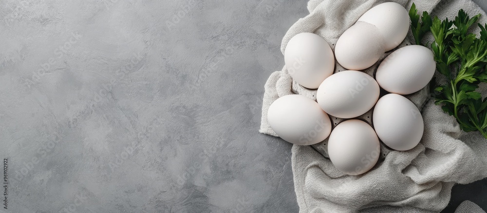 Fototapete fresh white eggs on a gray background top view a rural still life featuring natural organic healthy 