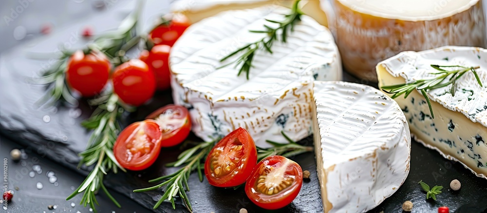 Poster an assortment of cheeses with rosemary and tomatoes arranged on a black slate board against a black 