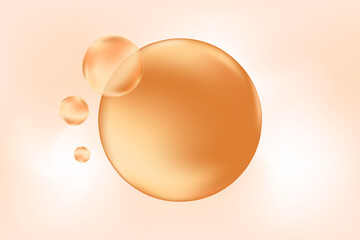 Glowing nude beige, brown liquid 3D bubbles or fluid serum droplets, aesthetic background with copy space. Presentation slide for cosmetology, beauty science, skin care molecular concept.