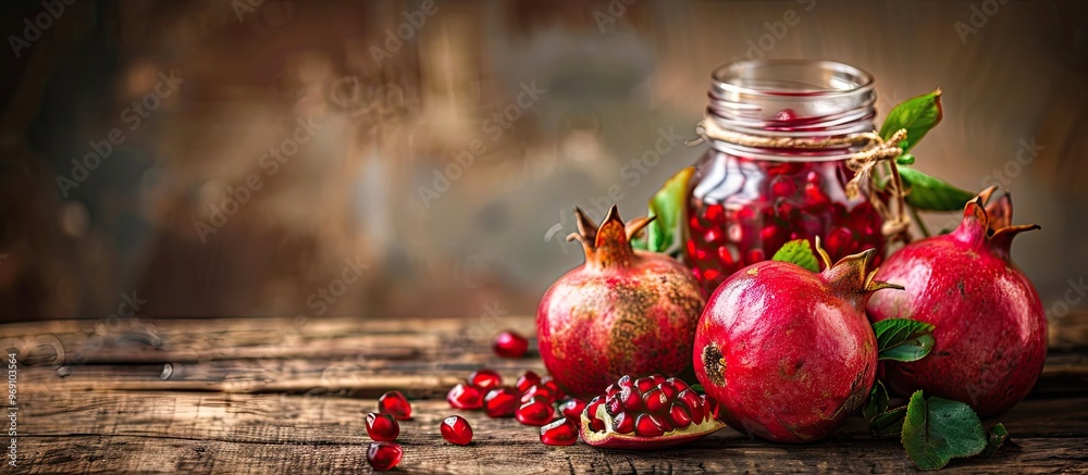 Poster Ripe pomegranate fruit in a jar on a rustic wooden background. with copy space image. Place for adding text or design