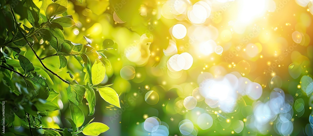 Poster Background featuring abstract blurred foliage and bright summer sunlight suitable for your text or advertisement. with copy space image. Place for adding text or design