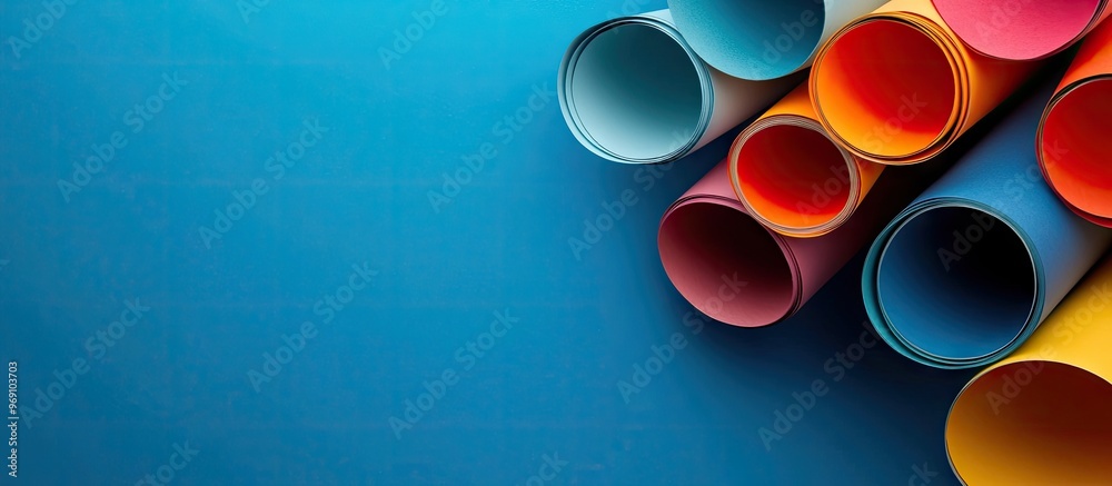 Poster copies of patterned paper in various shades on a blue backdrop. with copy space image. Place for adding text or design