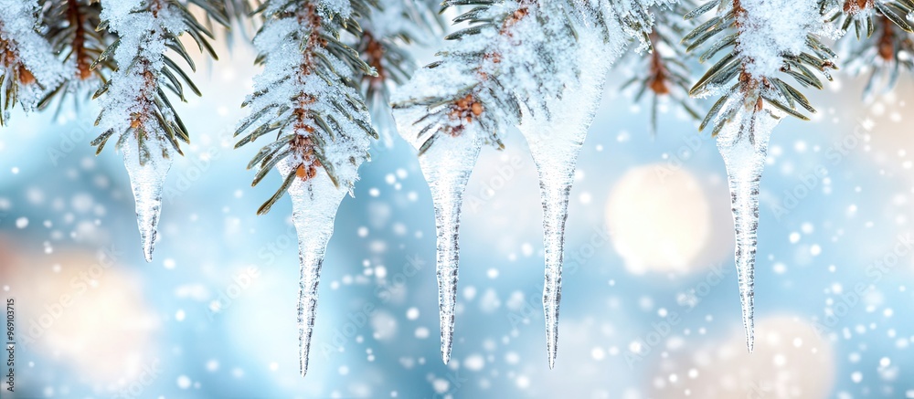 Leinwandbilder close up of snow covered spruce branches winter christmas backdrop icicles hanging from spruce branc