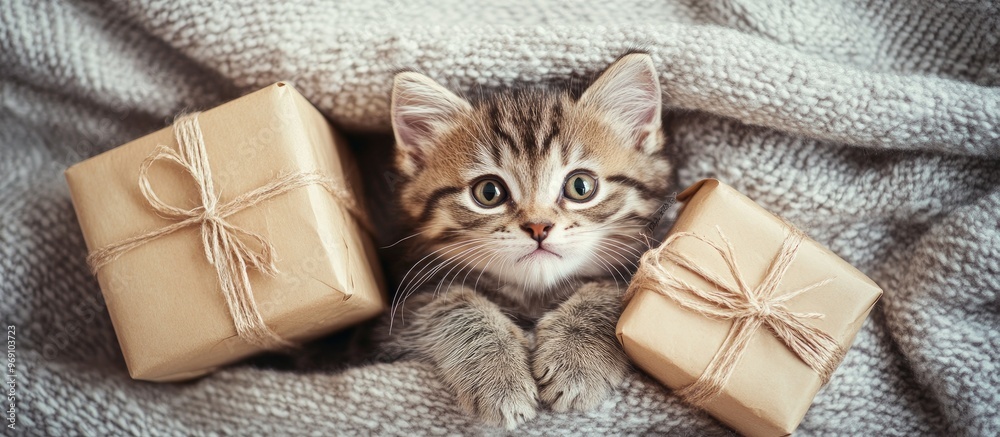 Aufkleber Adorable kitten resting under a blanket next to a gift box View from above Blank area for text. with copy space image. Place for adding text or design