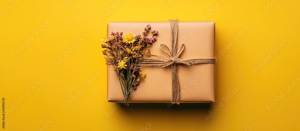 Poster handcrafted gift box wrapped in craft paper and adorned with dried flowers set against a yellow back