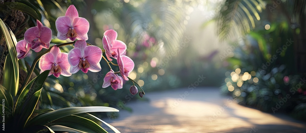 Poster Orchids in a park within a botanic garden environment Copy space available at the bottom on an inviting pathway
