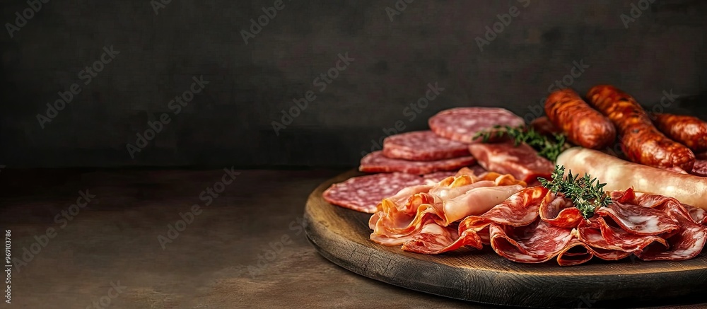 Aufkleber salami sausage prosciutto bacon meat antipasto platter cold meat plate catering menu recipe. with co