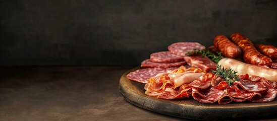 Salami sausage prosciutto bacon Meat antipasto platter cold meat plate catering menu recipe. with copy space image. Place for adding text or design