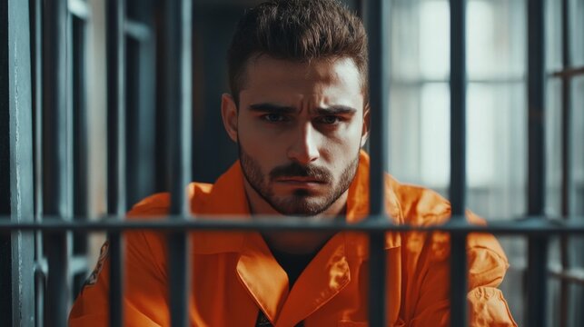 Thoughtful prisoner in an orange prison uniform gazes intently through cold metal bars of dim cell