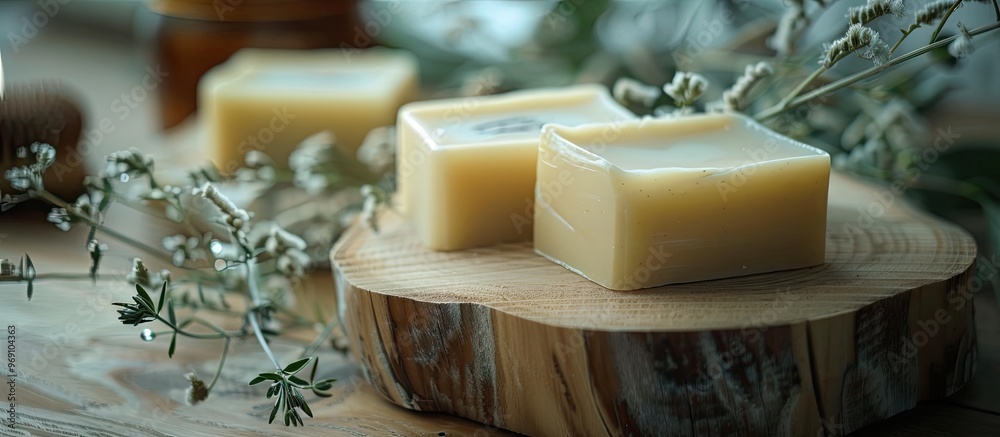 Aufkleber cosmetic creams and natural soaps on a wooden surface. with copy space image. Place for adding text or design