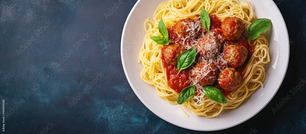 Poster homemade italian pasta or spaghetti with meatballs cheese and tomato sauce served in a white dish on