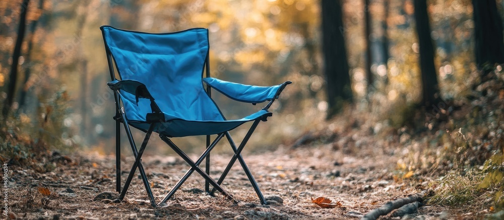 Aufkleber blue trekking folding chair in the forest. with copy space image. place for adding text or design
