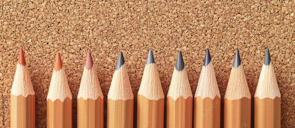 Poster A collection of wooden pencils placed on a cork board. with copy space image. Place for adding text or design