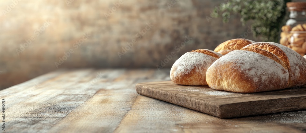 Poster Breads on a wooden board dusted with icing sugar on a wooden table for breakfast. with copy space image. Place for adding text or design