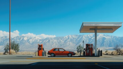Naklejka premium A lone car parked at a gas station pump, surrounded by mountains and a clear blue sky in the background.