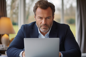 Fototapeta premium A mature businessman with a serious and confident expression works on his laptop in a bright, modern office setting.