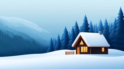 A cozy cabin nestled in a snowy landscape, surrounded by evergreen trees and serene mountains under a soft winter sky.