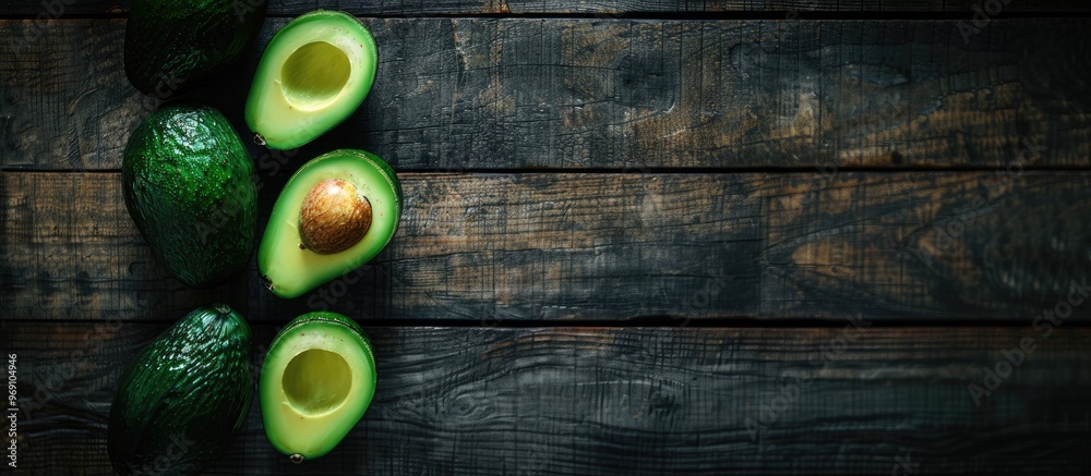Aufkleber avocado on a dark wooden background tinted selective focus. with copy space image. Place for adding text or design