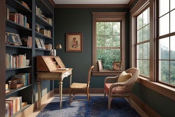Fototapeta premium 3D Visualization of a Cozy Reading Nook Featuring Vintage Desk Woven Armchair and Artistic Decor in an Elevated Learning Space
