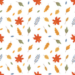 Fototapeta premium Autumn seamless pattern with falling colorful leaves on white background. Fall background