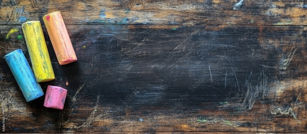 Aufkleber empty blackboard with vibrant chalk on a wooden surface. with copy space image. place for adding tex