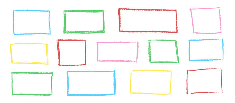 Set of wax pencil hand drawn frames. Collection of writing by children pastel rectangular and square geometric shapes. Vector illustration. Colorful doodle style outline text boxes with grunge texture