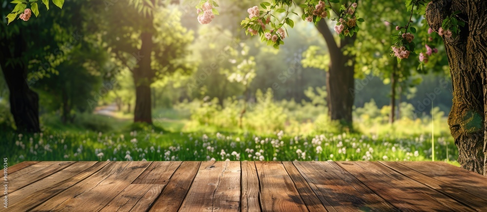 Fototapete wooden table in front of a landscape featuring spring blossom trees Product display and presentation. with copy space image. Place for adding text or design