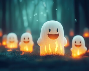 Cute Halloween ghosts with smiling faces.