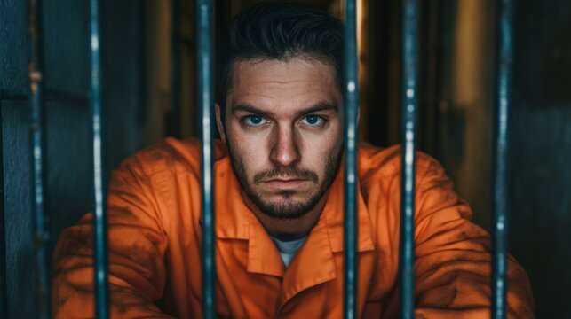 Thoughtful prisoner in an orange prison uniform gazes intently through cold metal bars of dim cell