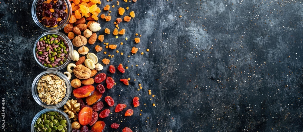 Poster a variety of dried fruits and nuts on a dark stone table featuring copy space