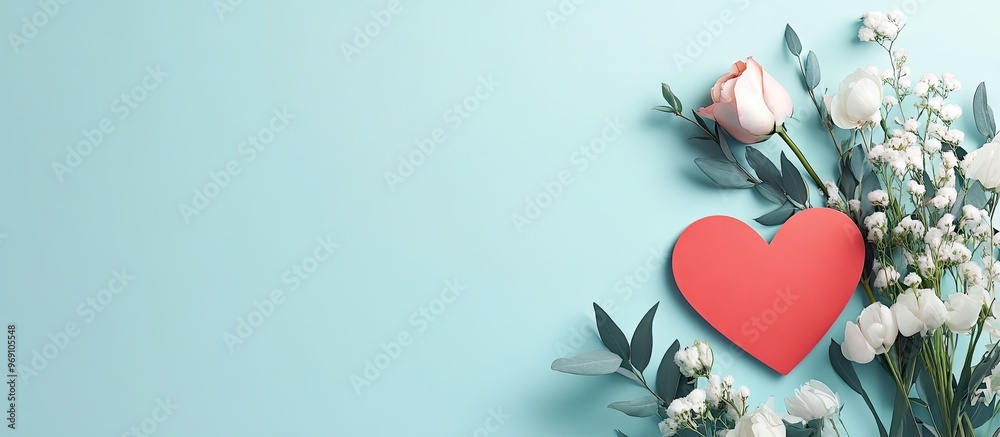 Aufkleber Valentine s Day heart shaped paper card and a bouquet of flowers. with copy space image. Place for adding text or design
