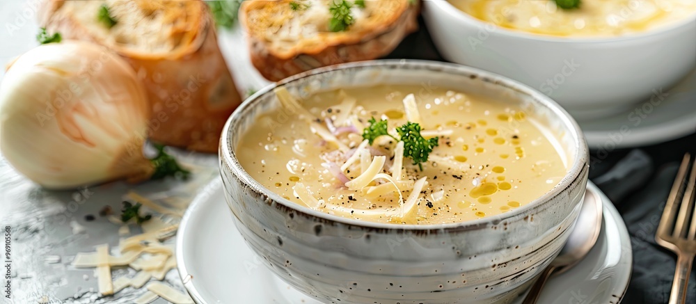 Aufkleber french onion soup served in a white bowl on a gray concrete surface accompanied by a baguette and pa