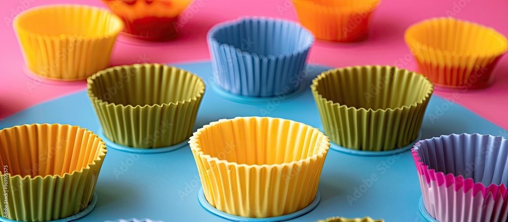 Poster Muffin baking liners on a colorful background. with copy space image. Place for adding text or design