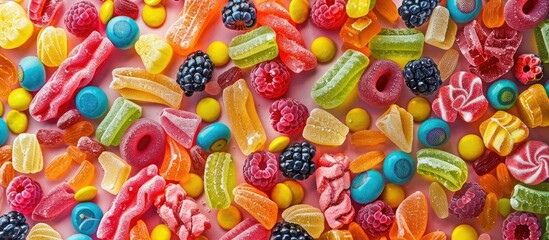 Fototapeta premium assorted jelly candies on a white background vibrant flat lay arrangement with copy space