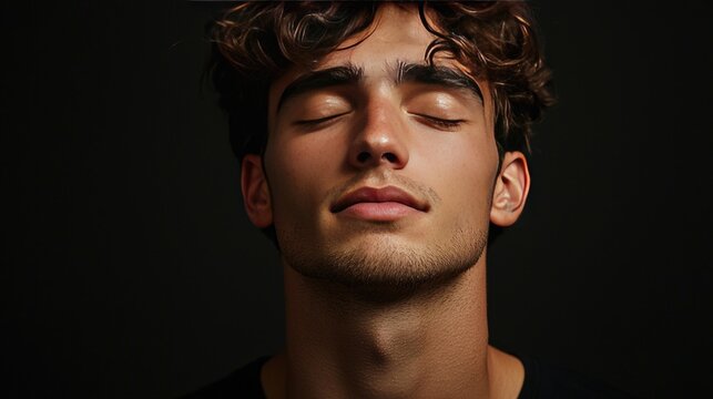 A serene portrait of a young man with curly hair, eyes closed, conveying peace and mindfulness against a dark background. - Powered by Adobe