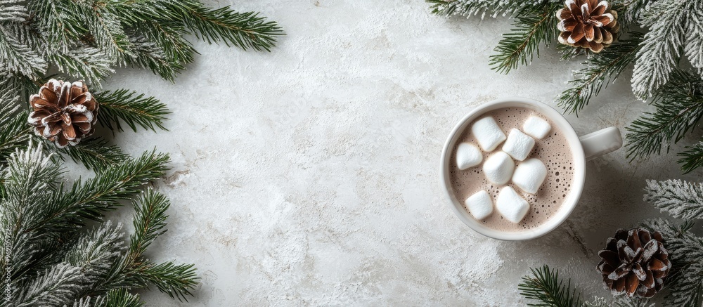 Poster christmas backdrop featuring a fir tree hot chocolate and marshmallow top view with copy space