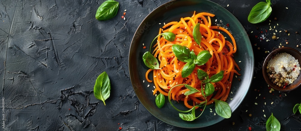Poster spiralized sweet potato noodles low carb vegetable pasta preparation. with copy space image. place f