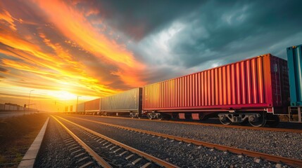 Fototapeta premium Cargo Train Sunset Landscape Shipping Containers Railway Tracks