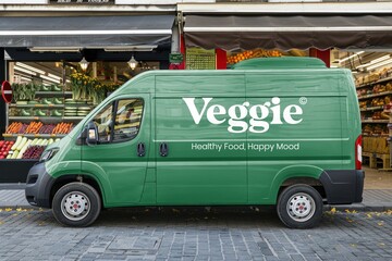 Green delivery van outside market