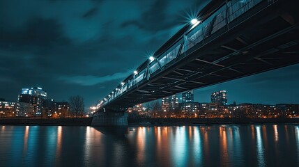 Fototapeta premium A modern metal bridge illuminated by city lights, spanning a wide river at night.