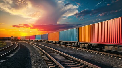 Fototapeta premium Freight Train on Railway Tracks at Sunset
