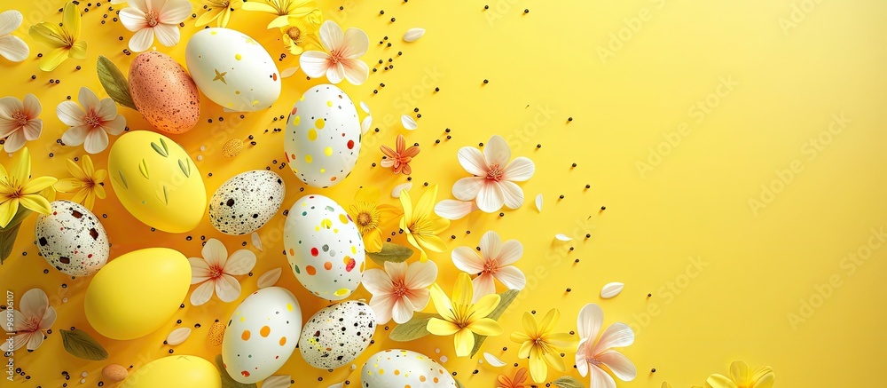Aufkleber Easter card featuring flowers and Easter eggs designed like sweets Yellow theme. with copy space image. Place for adding text or design
