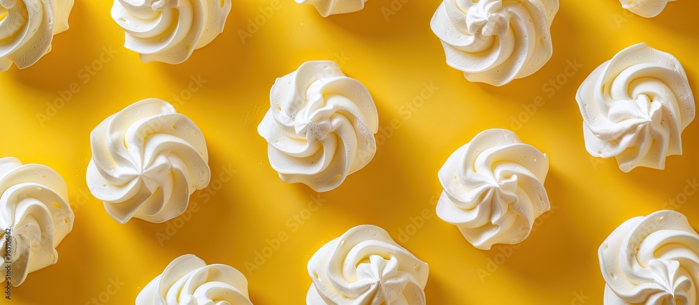 Poster Sweet meringue on a yellow background Top view Flat lay Room for text. with copy space image. Place for adding text or design