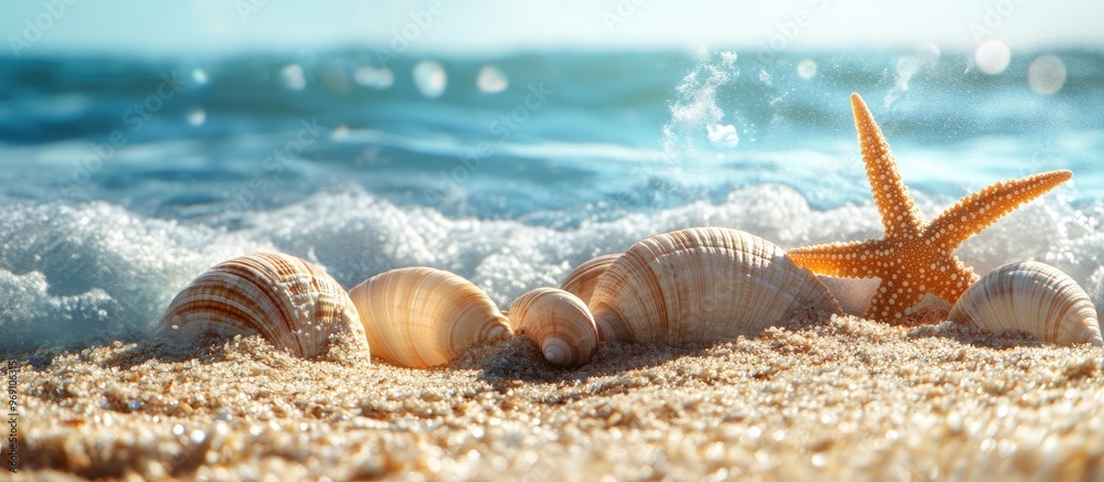 Poster Lovely sea shells on a sandy shore. with copy space image. Place for adding text or design