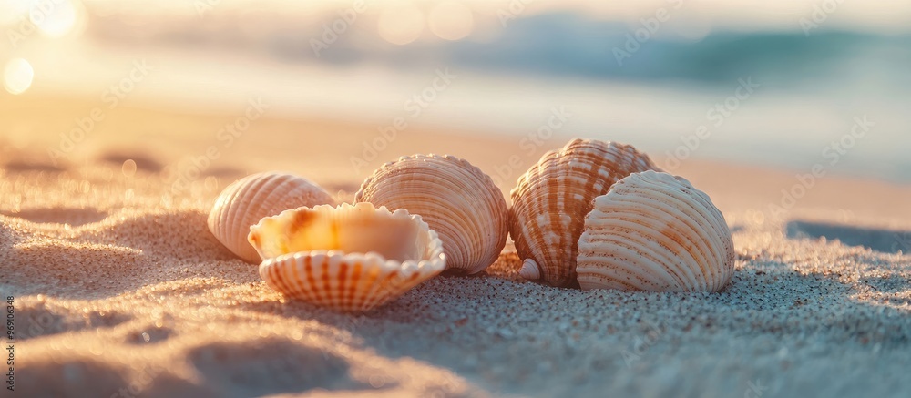 Aufkleber seashells on the beach on the sand. with copy space image. Place for adding text or design