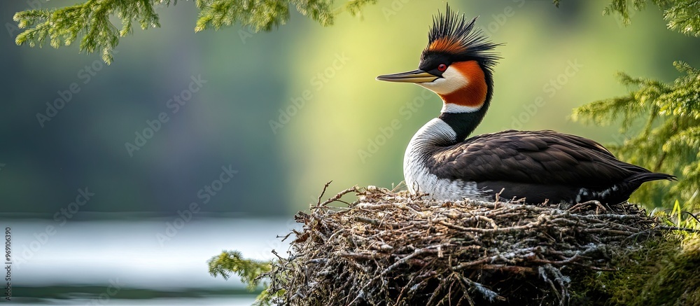 Poster Close up of a great crested grebe on a nest at a lake. with copy space image. Place for adding text or design