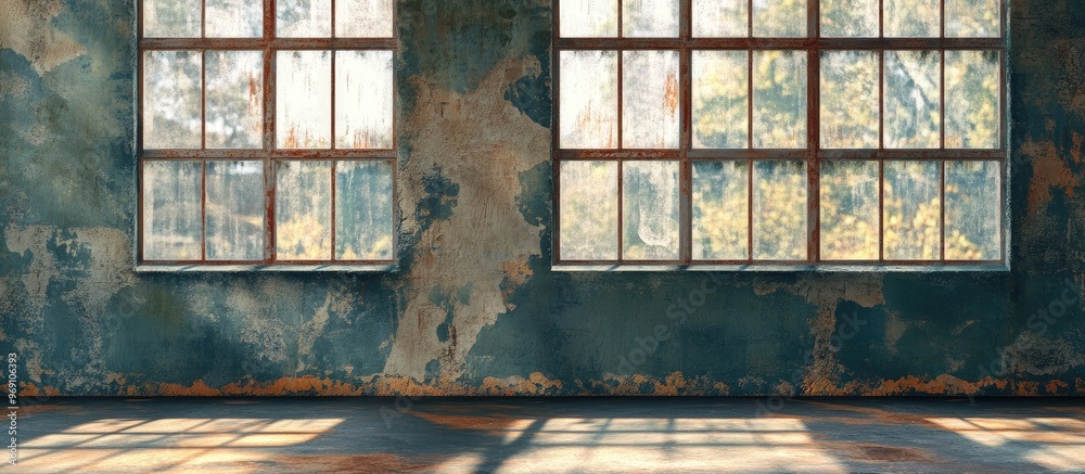 Poster Textured old wall with panoramic windows. with copy space image. Place for adding text or design