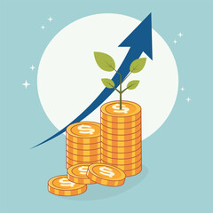 Illustration of a simple upward arrow growing out of a coin, symbolizing financial success