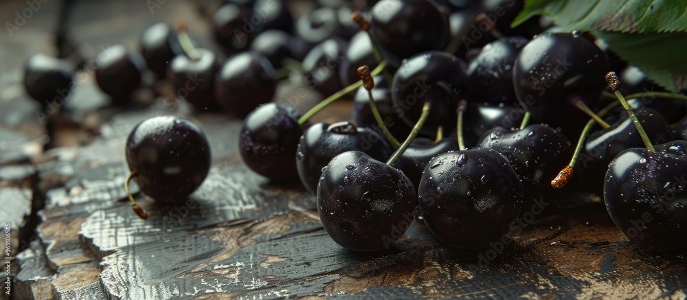Leinwandbilder close up of fresh black cherries on a wooden surface. with copy space image. place for adding text o